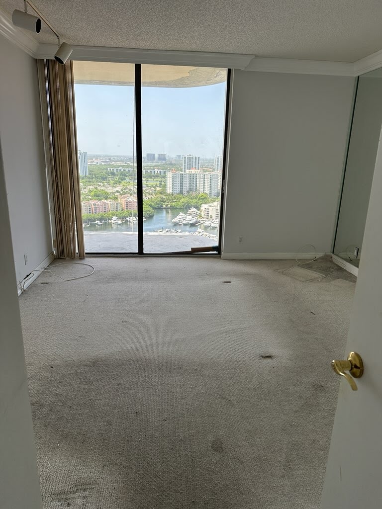 Empty condo space cleared and ready for new occupants, with scenic city view