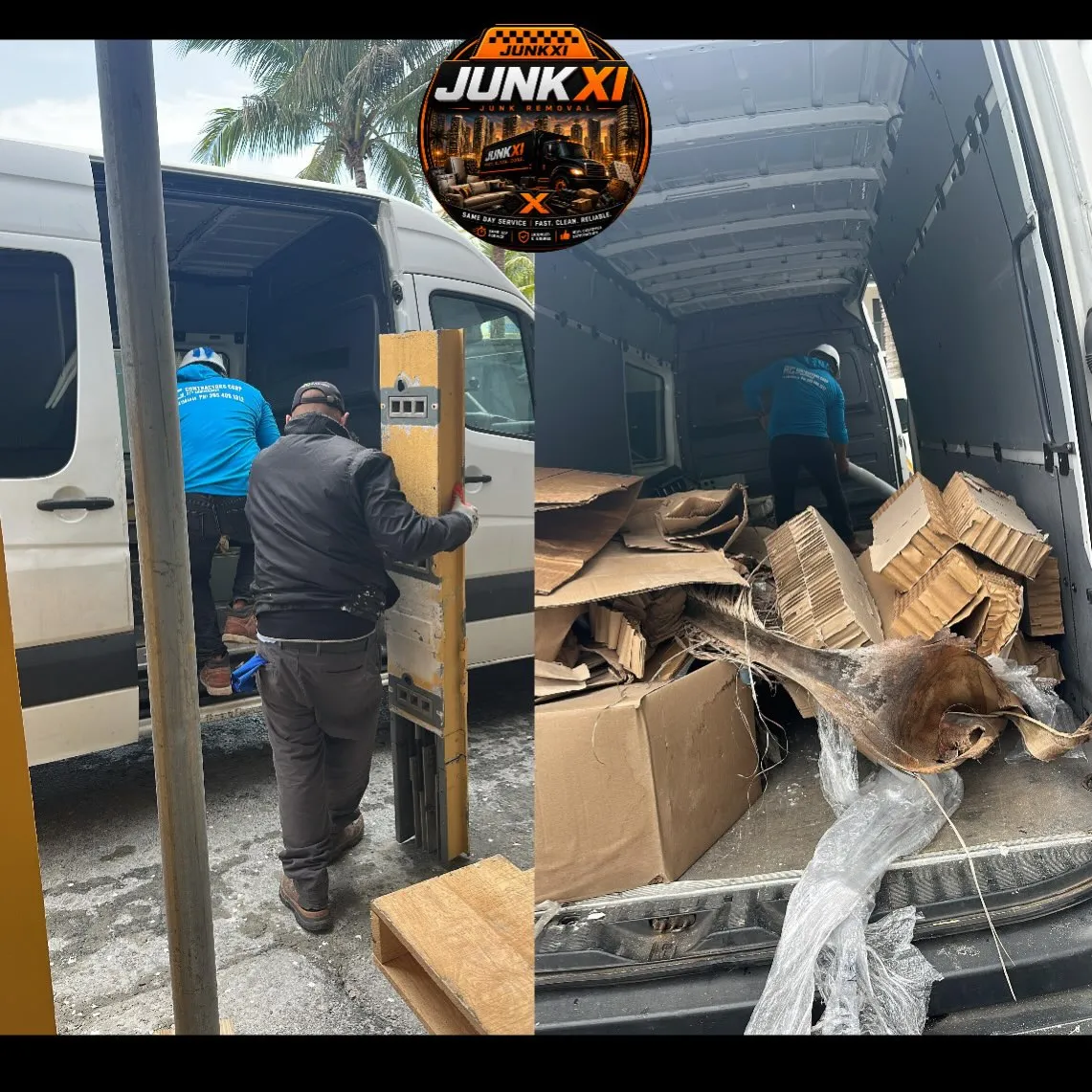 Junk-Xi team loading cardboard boxes into fully loaded truck bed, professional junk removal in action